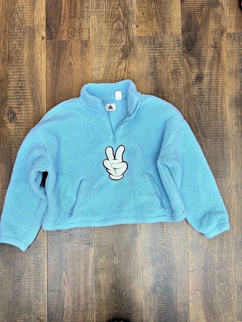 Disney Mickey Peace Hand Light Blue Sherpa Pullover Quarter Zip Jacket